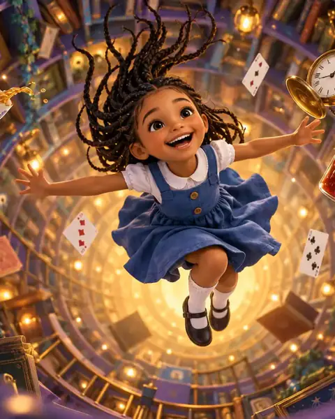 The same scene in colour: Aisha, braids flying, falls down the glowing rabbit hole past playing cards and a pocket watch.