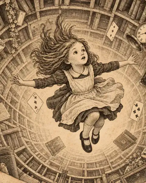 Antique sepia engraving: a girl in a pinafore falls down a deep round well lined with shelves and playing cards.