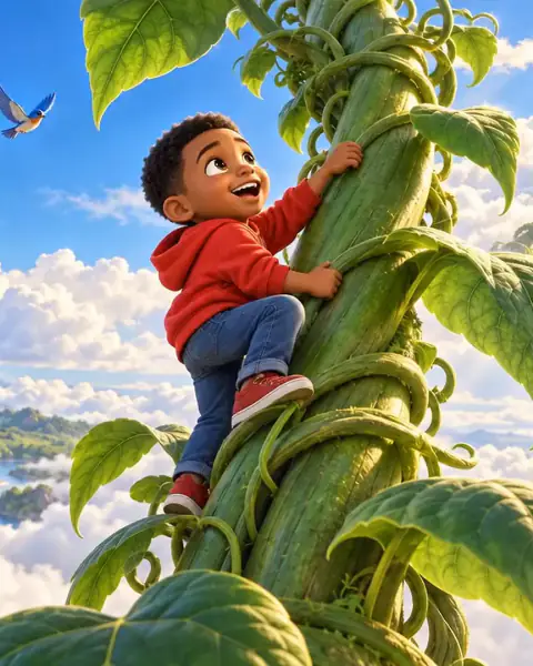 The same scene in colour: Sipho, in a red hoodie, grins as he climbs the giant beanstalk high above the clouds.