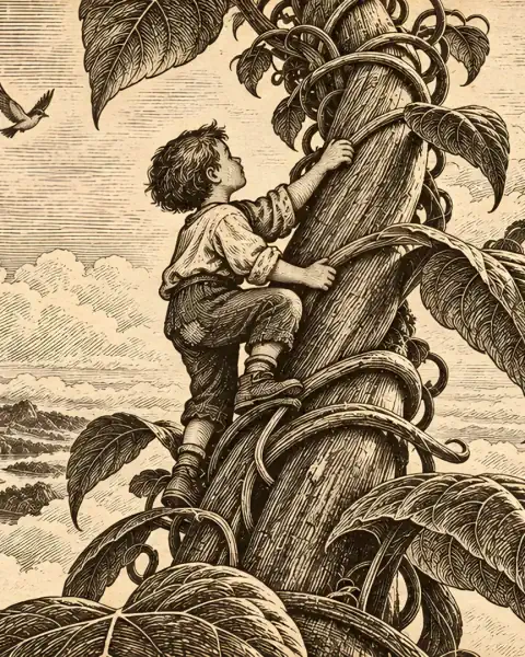 Antique sepia engraving: a boy in patched clothes climbs a giant beanstalk above the clouds.