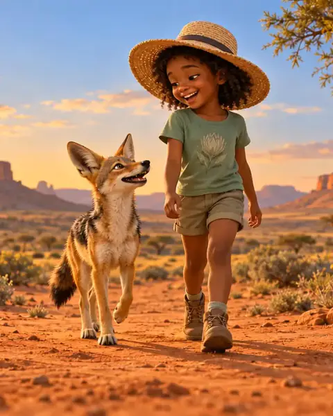 The same scene in colour: Thandi, in a straw sun hat, walks across the red Karoo at sunset with a jackal beside her.