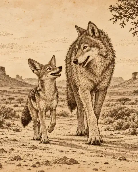 Antique sepia engraving: a jackal and a wolf walk side by side across the dry Karoo.
