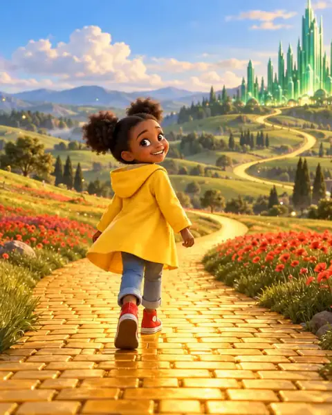 The same scene in colour: Lerato, in a yellow raincoat, walks the golden road past red poppies towards an emerald city.