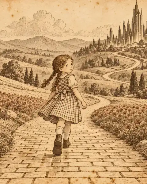 Antique sepia engraving: a girl in a gingham dress walks a brick road towards a far-off city of spires.