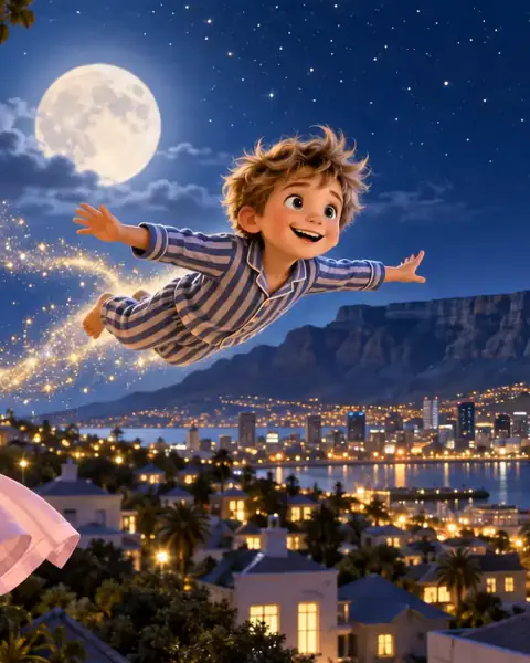 The same scene in colour: Liam, in striped pyjamas, flies over Cape Town at night with Table Mountain behind him.