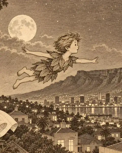 Antique sepia engraving: a boy in a leaf tunic flies over a moonlit town below a flat-topped mountain.