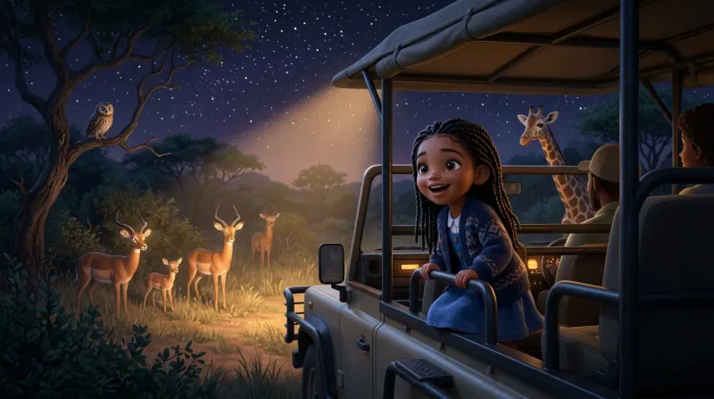 Aisha, in a blue cardigan, leans over the side of an open game-drive vehicle at night, delighted by the impala in the spotlight, with an owl in a tree and a giraffe looking on.