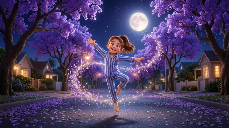 Anika, barefoot in striped pyjamas, her ponytail flying, dances down a moonlit street under purple jacaranda trees, with a trail of sparkling petals swirling around her.