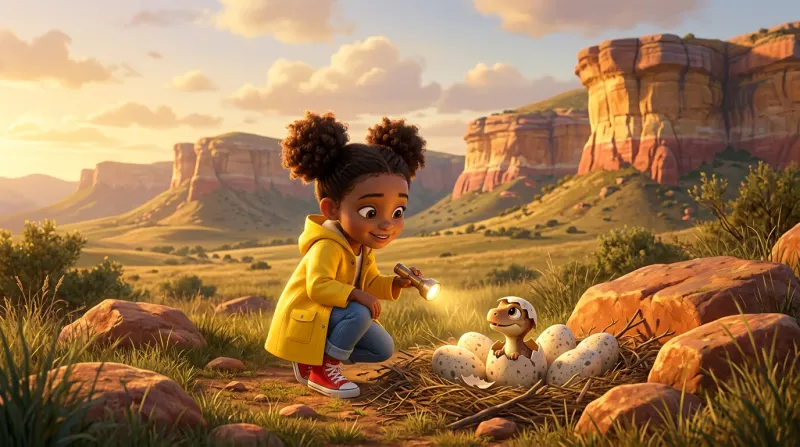 Lerato, in a yellow raincoat, crouches with a torch beside a nest of speckled eggs as a baby dinosaur hatches, with the sandstone cliffs of the Golden Gate Highlands glowing behind her.