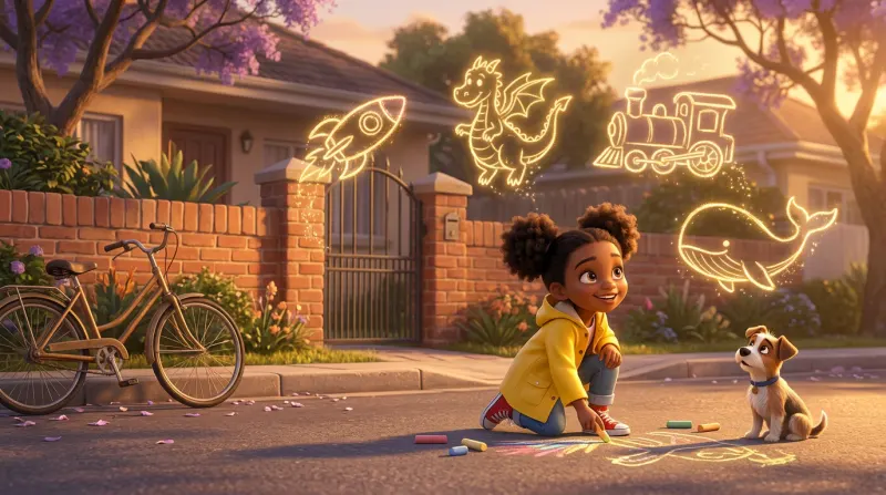 Lerato, in a yellow raincoat, kneels on the pavement with a piece of chalk as her drawings rise into the air in glowing gold: a rocket, a dragon, a train and a whale. A puppy watches.