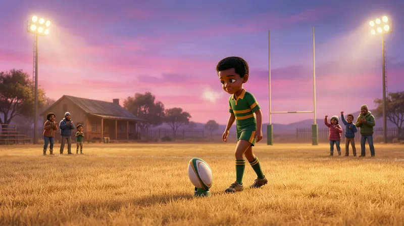Kabelo, in a green and gold jersey, lines up a kick on dry winter grass under the floodlights at dusk, while his family cheer from both sides of the field.