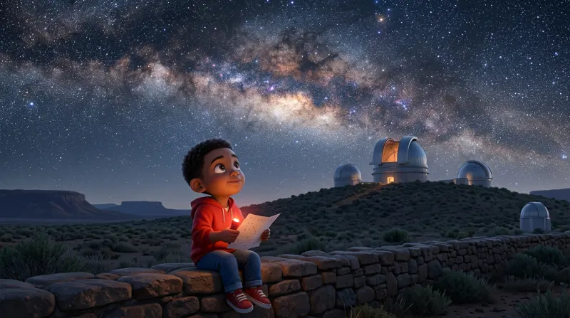 Sipho, in a red hoodie, sits on a stone wall with a star map and looks up at the Milky Way, with the domes of the Sutherland telescopes on the hill behind him.