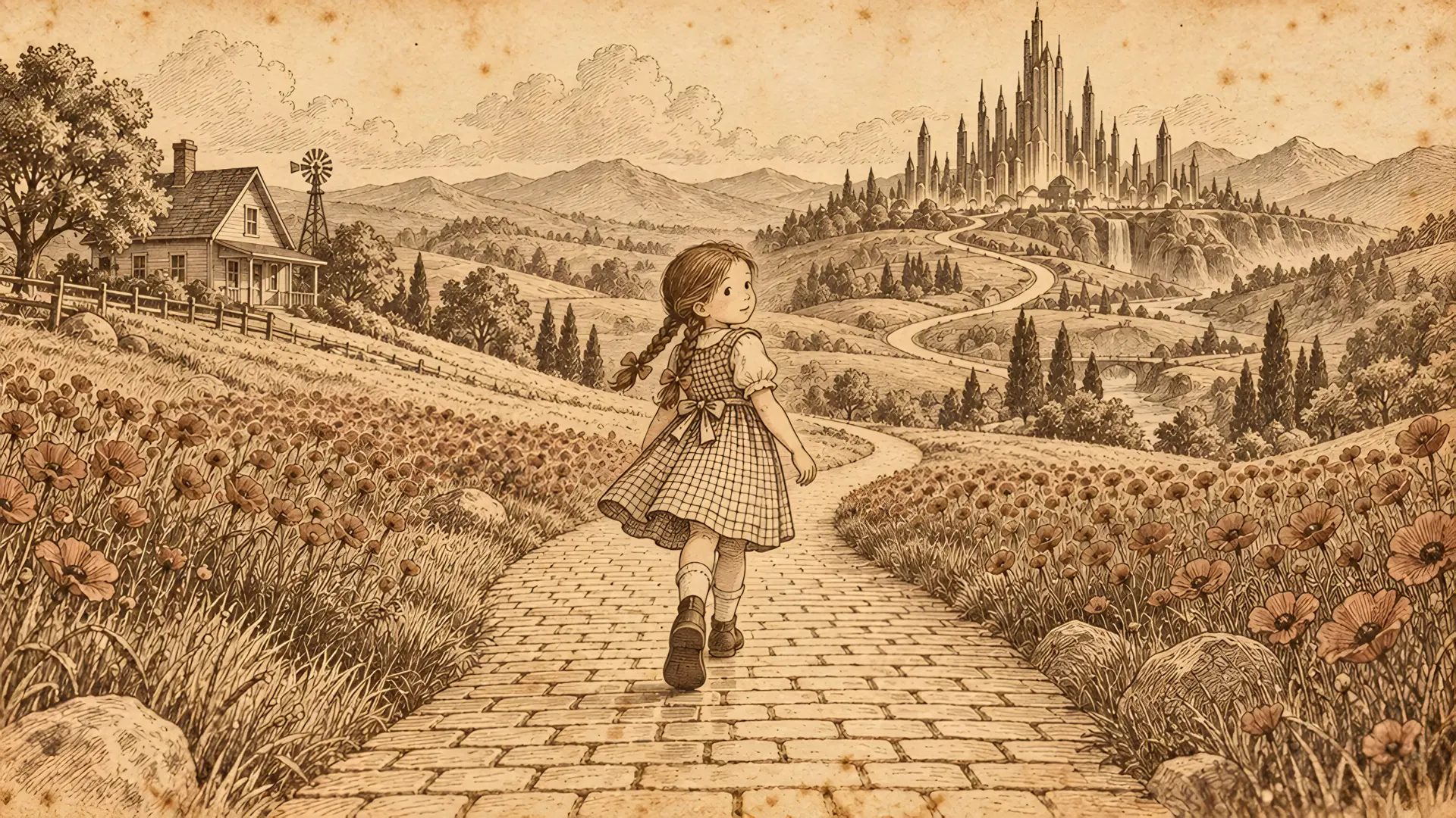 The classic story as an old sepia book plate, before the child is cast in.
